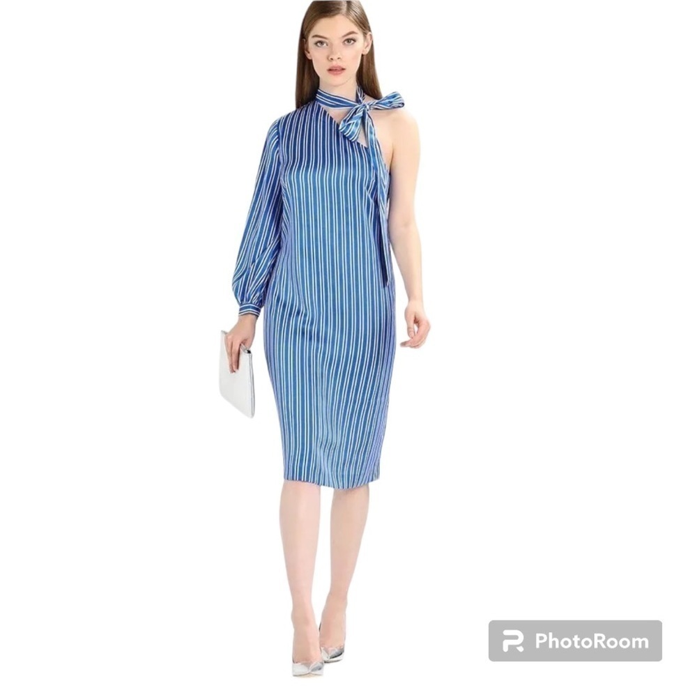 $138 RETAIL BANANA REPUBLIC ONE SHOULDER BOW NECK STRIPE DRESS BLUE MULTI